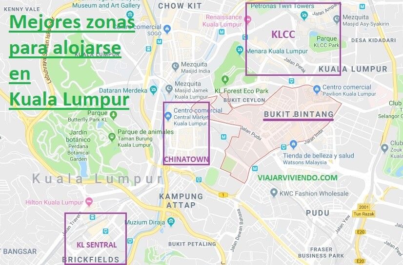 mapa de zonas dónde alojarse en Kuala Lumpur