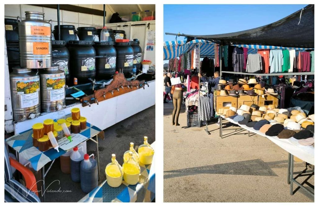 puesto de vinos y sombreros en el mercadillo en torrevieja