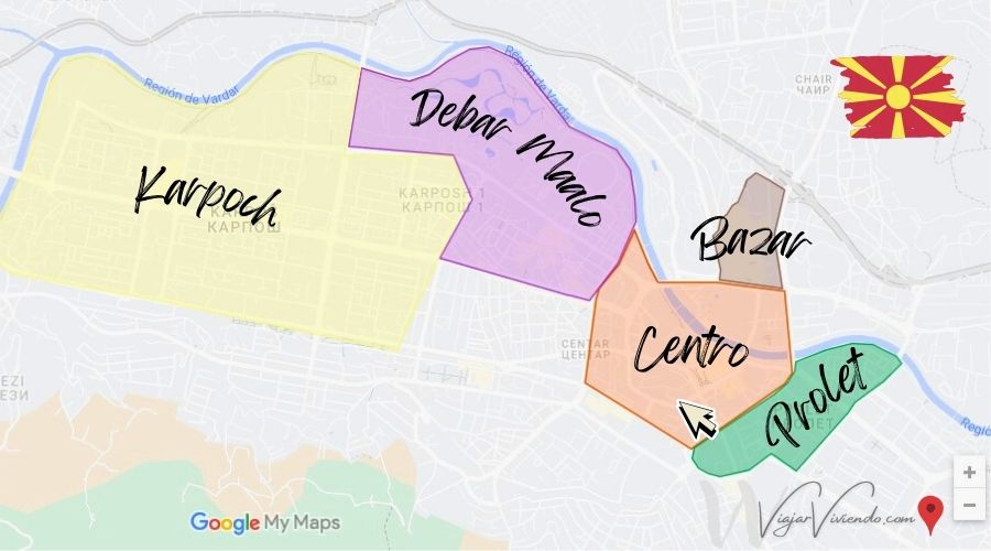 mapa de los barrios donde alojarse en skopje