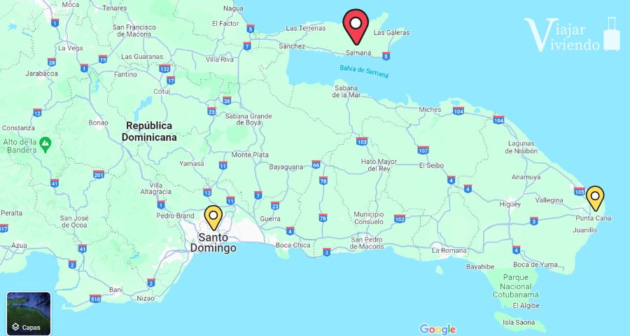 mapa con la ubicacion de samana desde santo domingo y punta cana