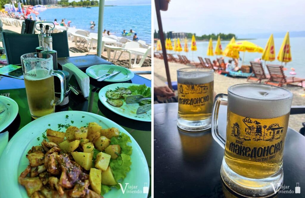 cerveza y comida en la playa de ohrid