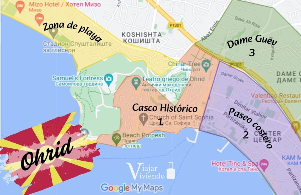mapa con mejores zonas donde alojarse en ohrid