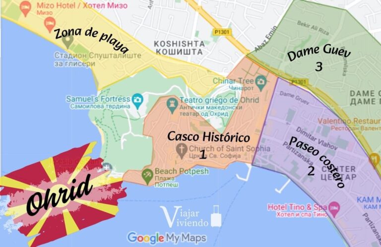 mapa con mejores zonas donde alojarse en ohrid