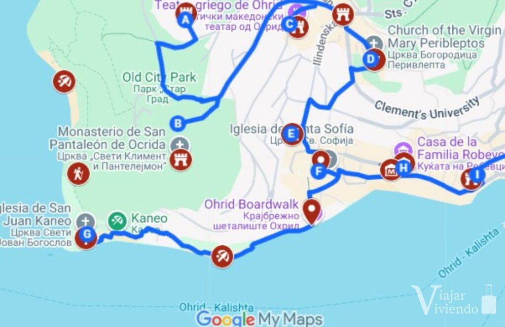 mapa de ohrid con itinerario de un dia