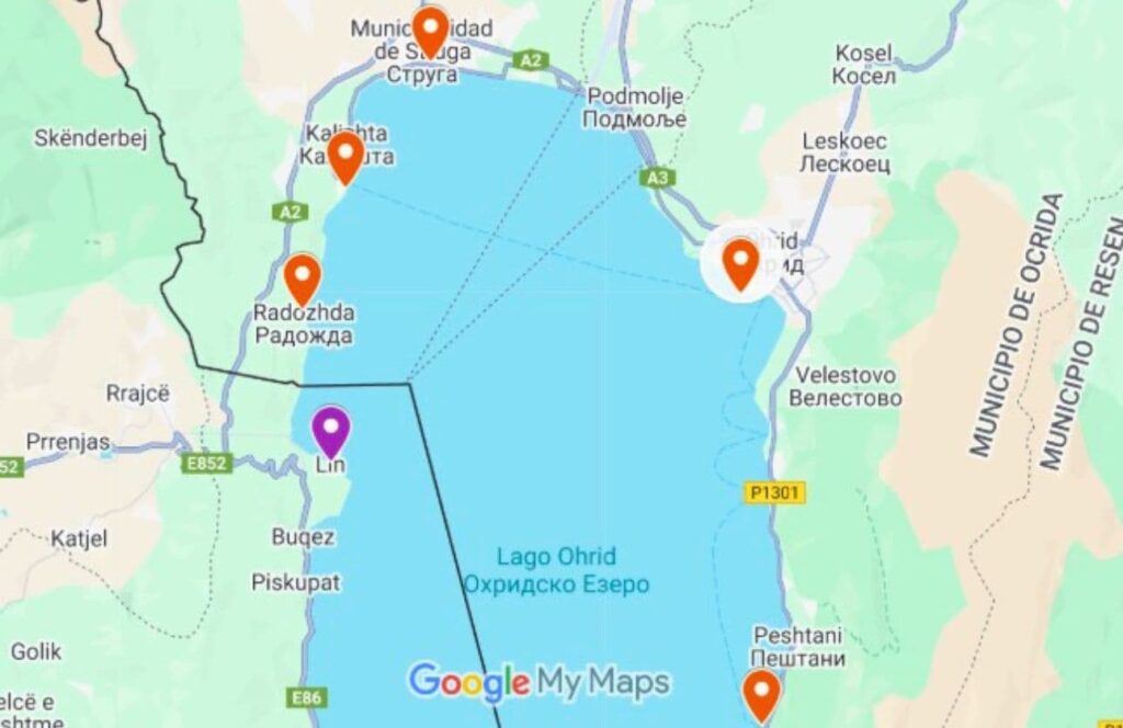 mapa del lago ohrid