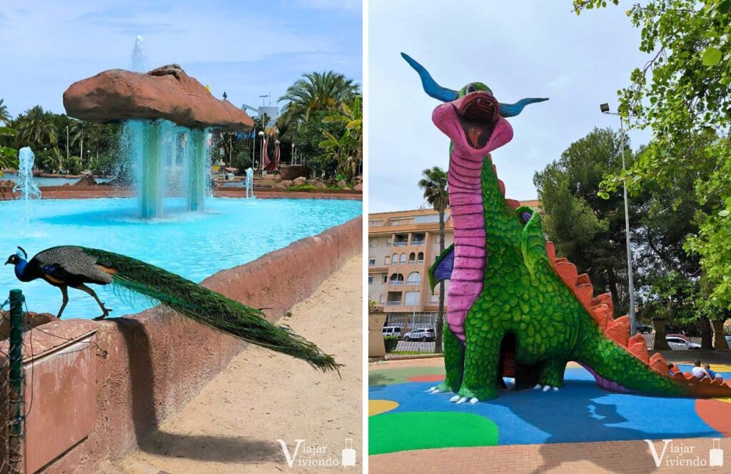 fuentes y dinosaurio en el parque de las naciones