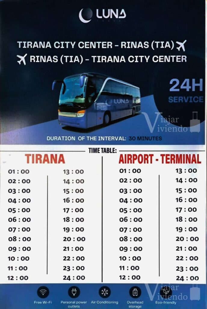 cartel con horarios del bus del aeropuerto de tirana al centro