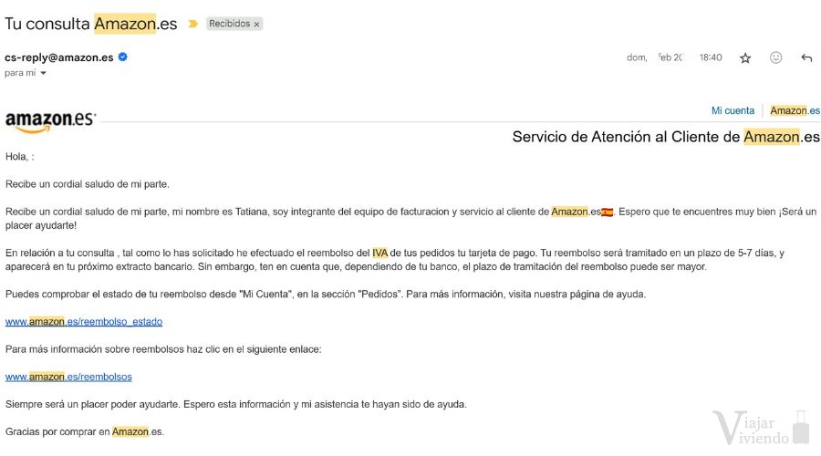 mail de amazon confirmando devolucion de iva