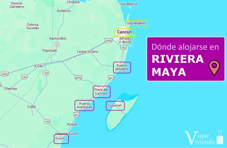 mapa de mejor zona donde alojarse en riviera maya
