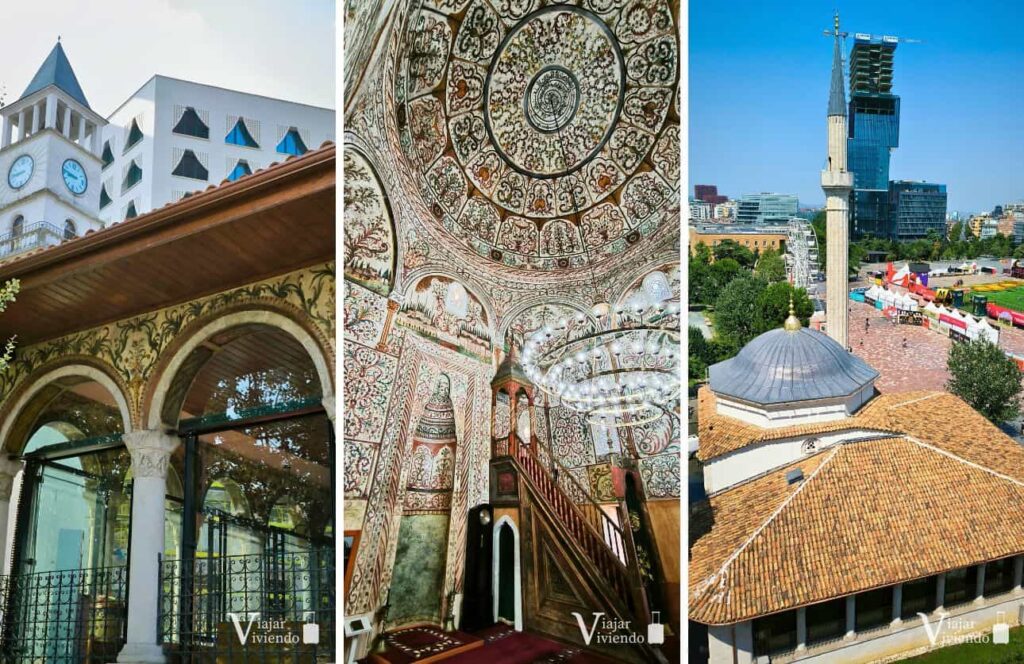 interior de la mezquita y torre del reloj de tirana en la plaza skenderbeg