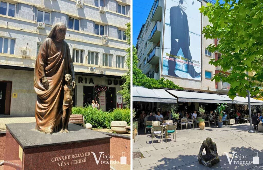 estatua de la madre teresa y el hombre pensando en el paseo de pristina