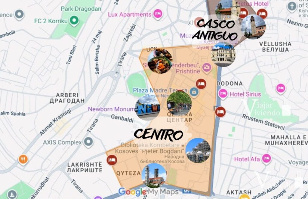 mapa con las zonas donde alojarse en pristina