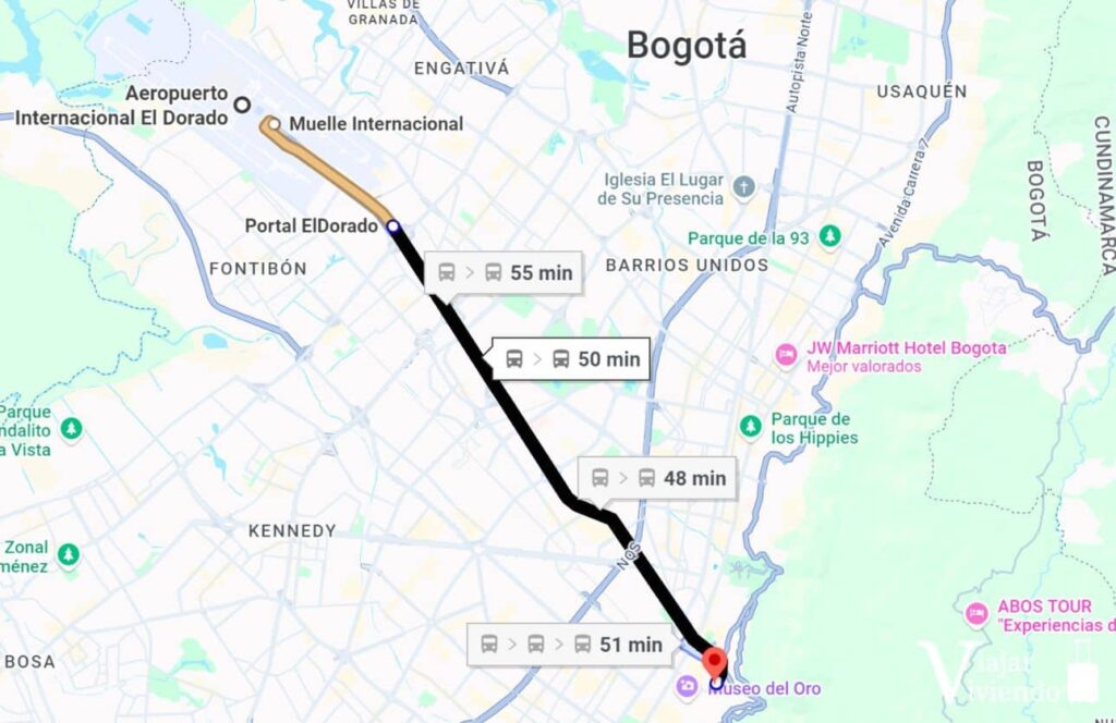 recorrido del autobus transmilenio para ir del aeropuerto de bogota al centro la candelaria