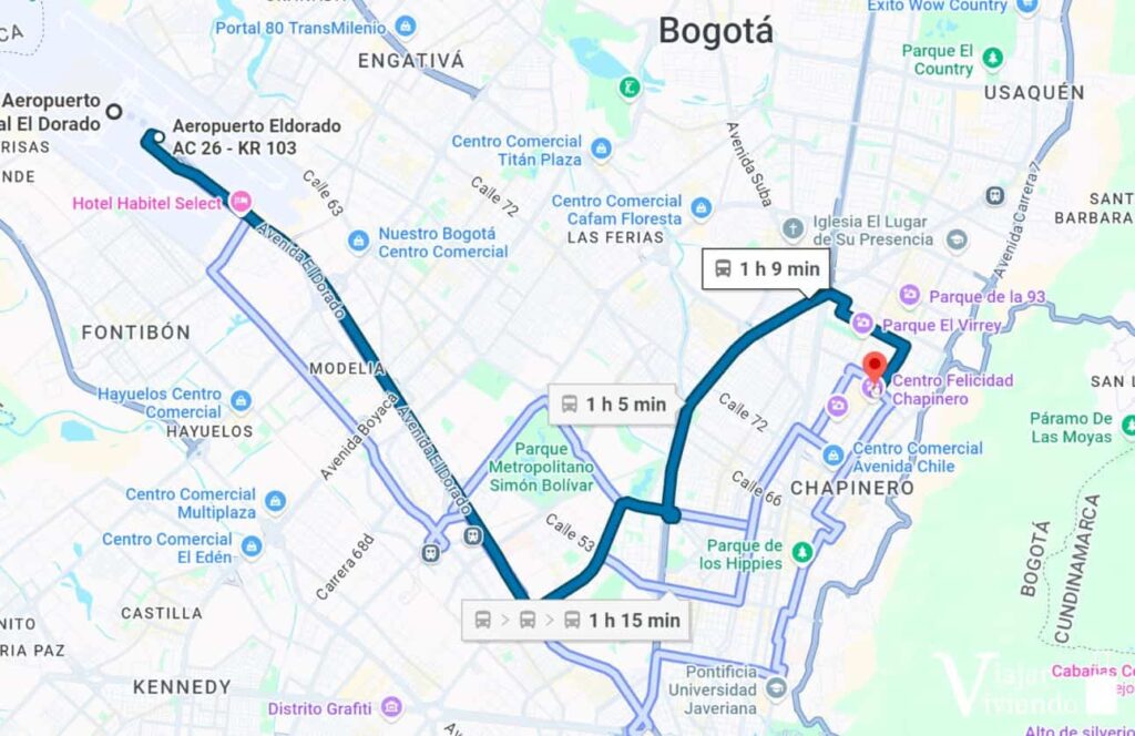 recorrido del autobus p500 para ir del aeropuerto de bogota a chapinero
