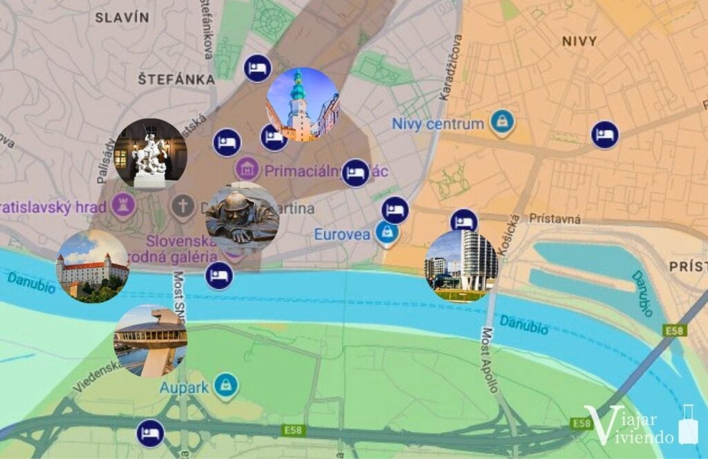 mapa con los barrios y mejores alojamientos en la ciudad de bratislava