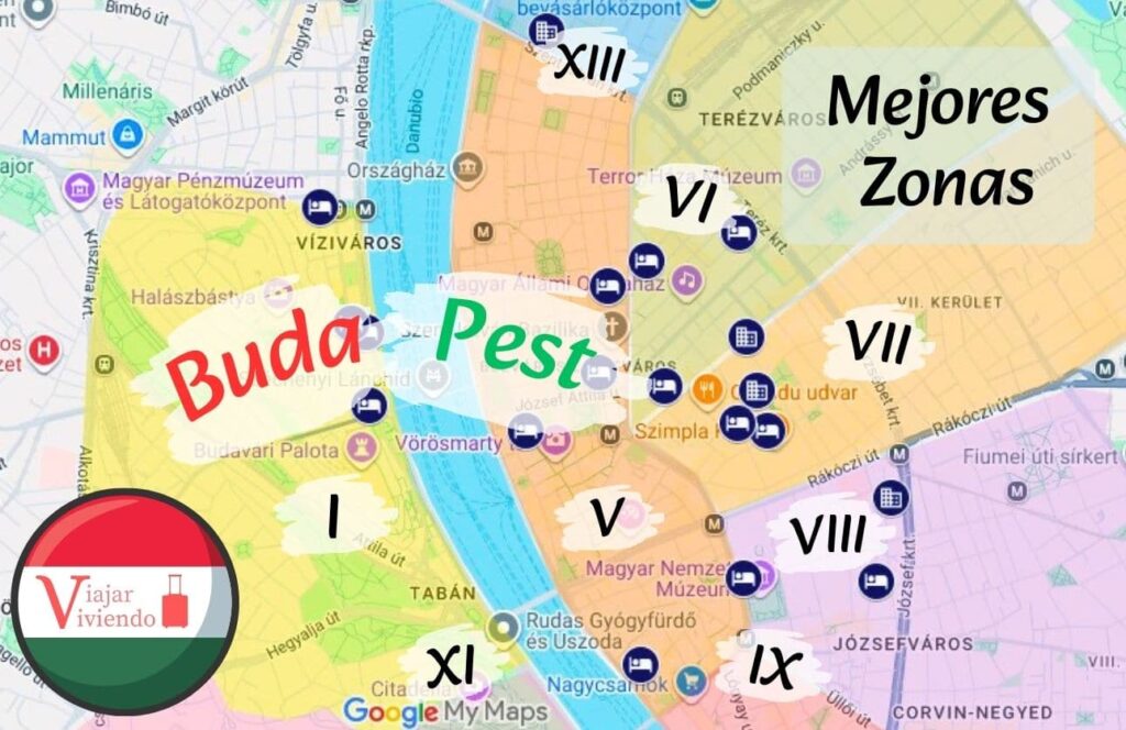 mapa de las mejores zonas donde alojarse en budapest y sus hoteles