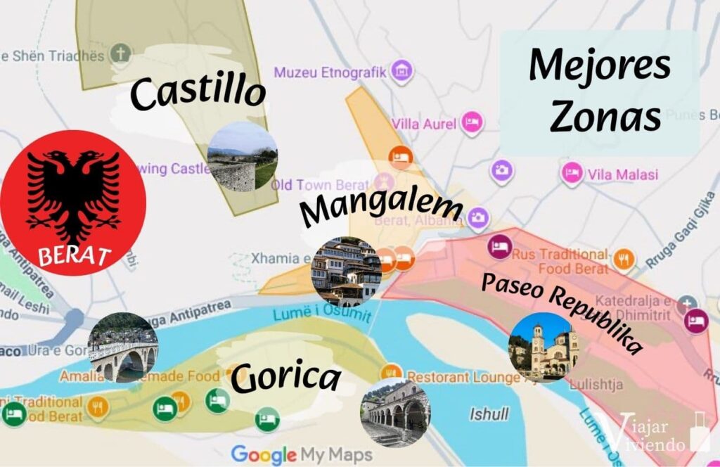 mapa de los 4 mejores barrios para alojarse en berat