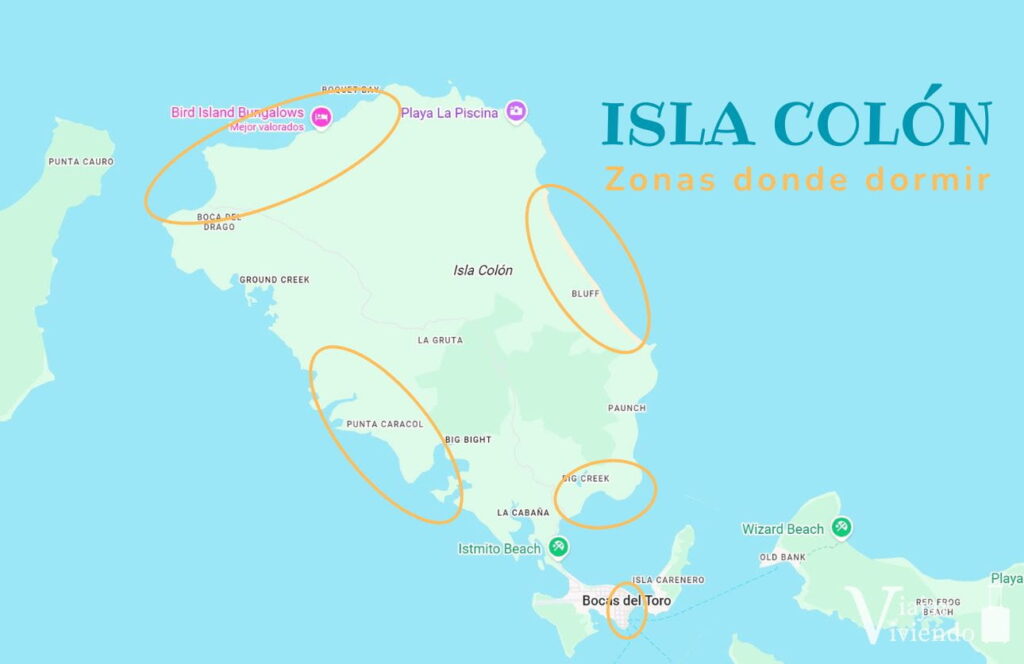 mapa con las mejores zonas para dormir en isla colon panama