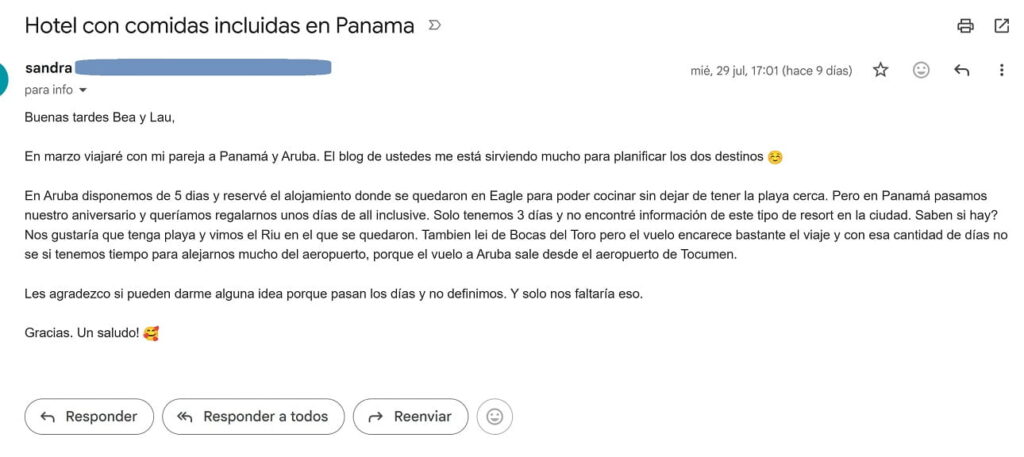 mail que nos envio una lectora de viajarviviendo consultando sobre los hoteles todo incluido en panama