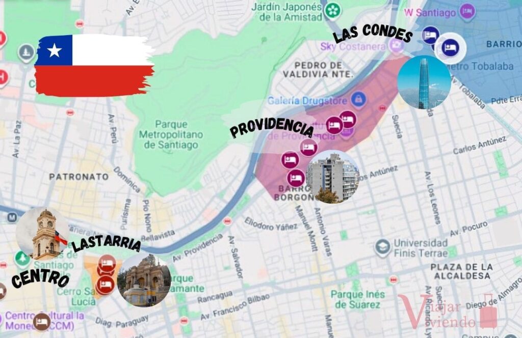 mapa de las mejores zonas donde alojarse en santiago de chile y los hoteles recomendados