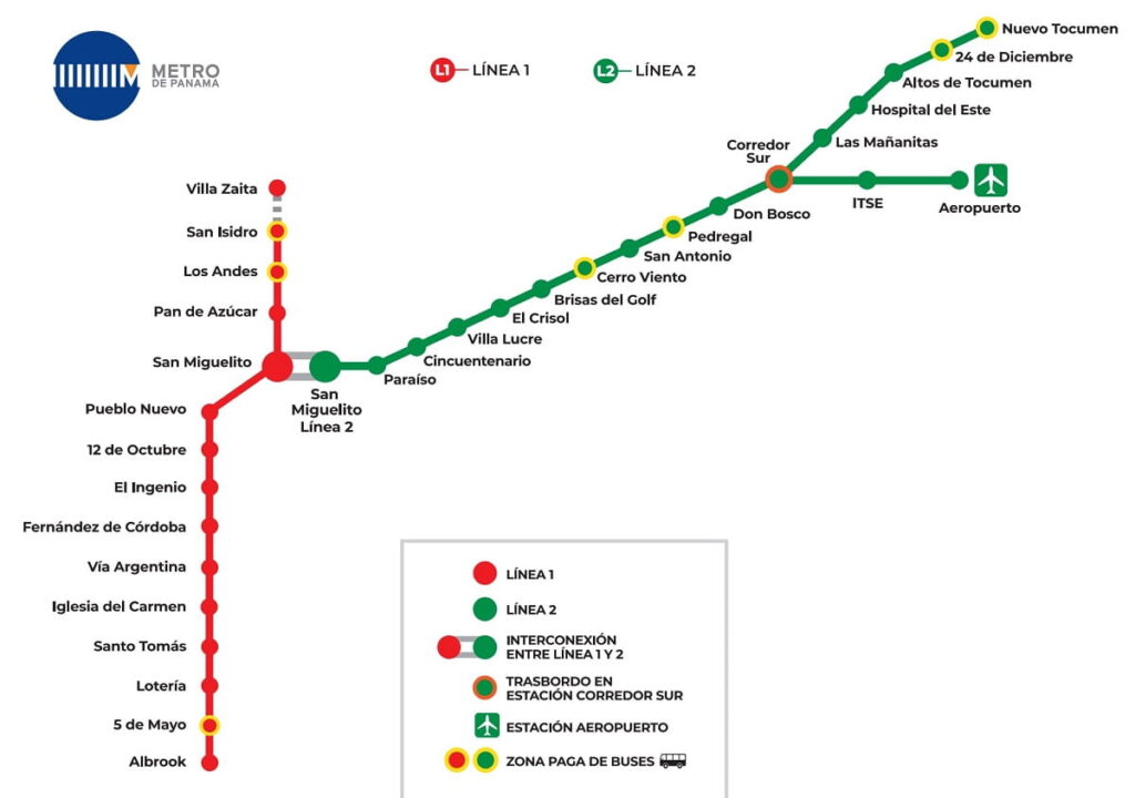 mapa del metro de panama de las lineas 1 y 2 incluyendo el aeropuerto