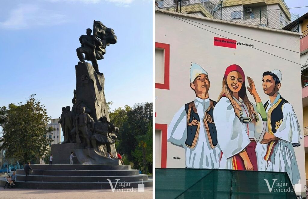 monumento de la independencia en la playa de las banderas de vlore y un mural tradicional