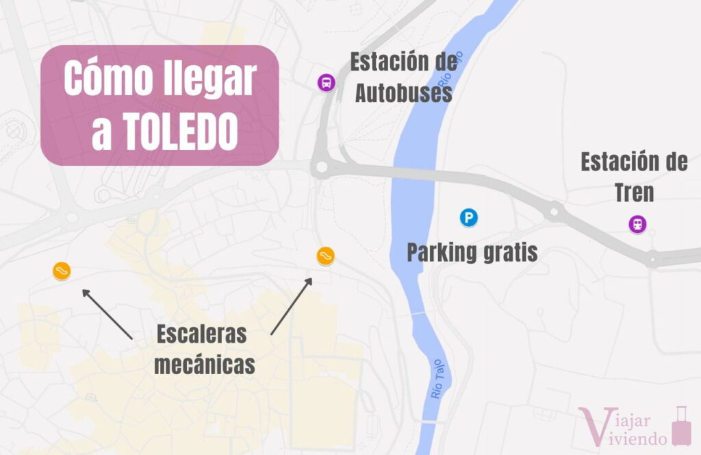 mapa de como llegar a toledo con las estaciones de autobuses, tren y parking gratis