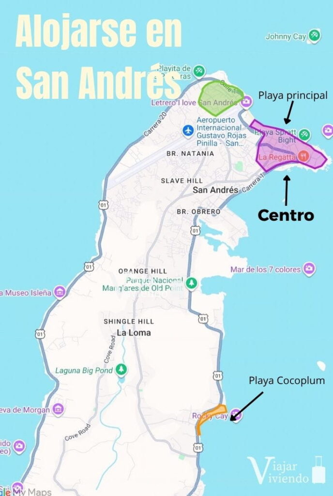 mapa de las 3 mejores zonas donde alojarse en la isla de san andres