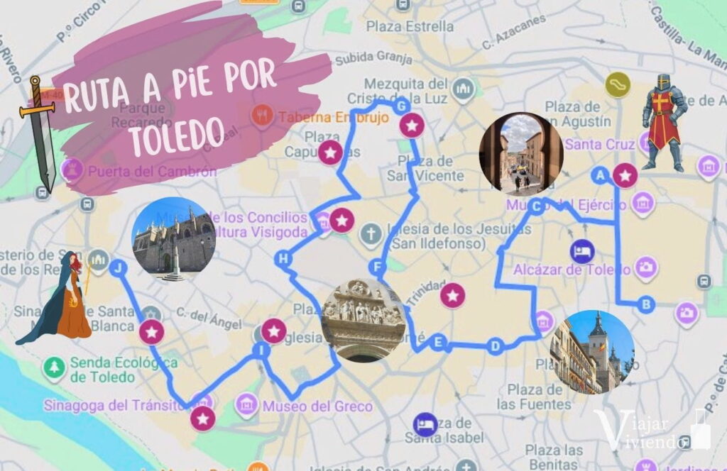 mapa con la ruta a pie por toledo en un dia