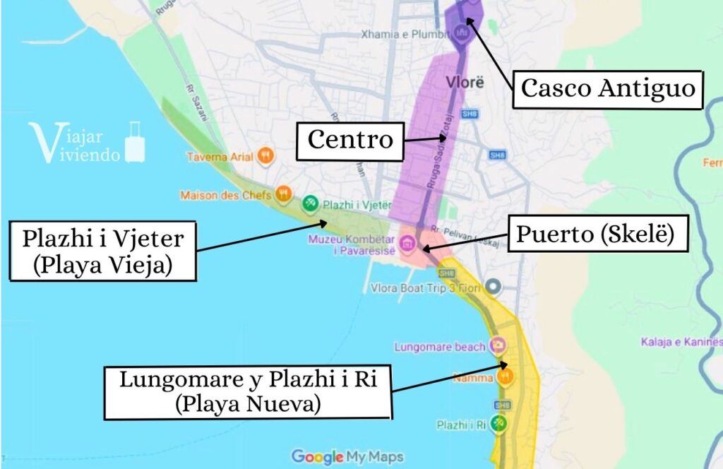 mapa de vlore con las zonas mas importantes para alojarse