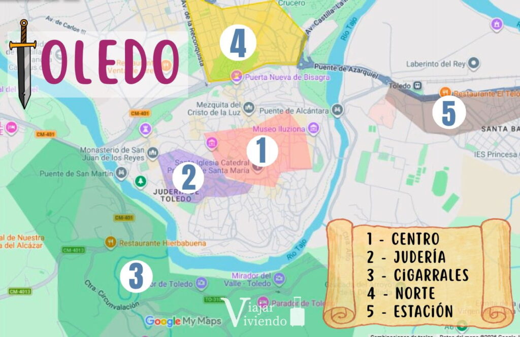 mapa de las 5 mejores zonas donde alojarse en toledo