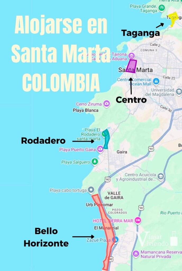 mapa con las distintas zonas donde hospedarse en santa marta