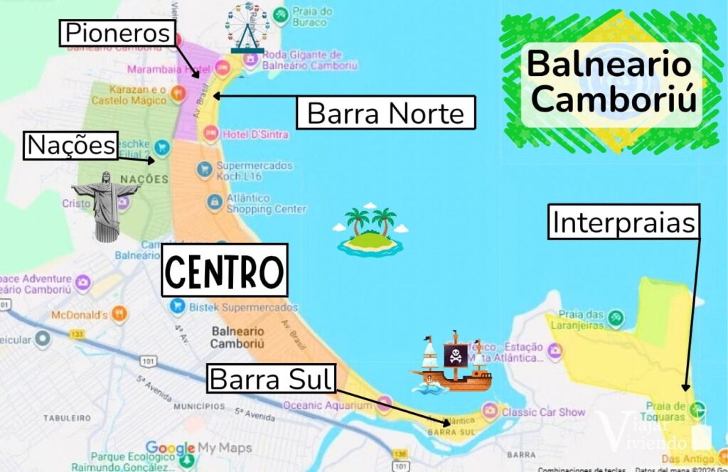 mapa de camboriu con las diferentes zonas donde alojarse con buena ubicacion