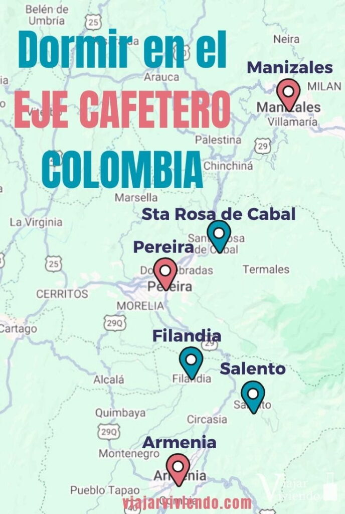 mapa con los lugares donde alojarse en el eje cafetero de colombia