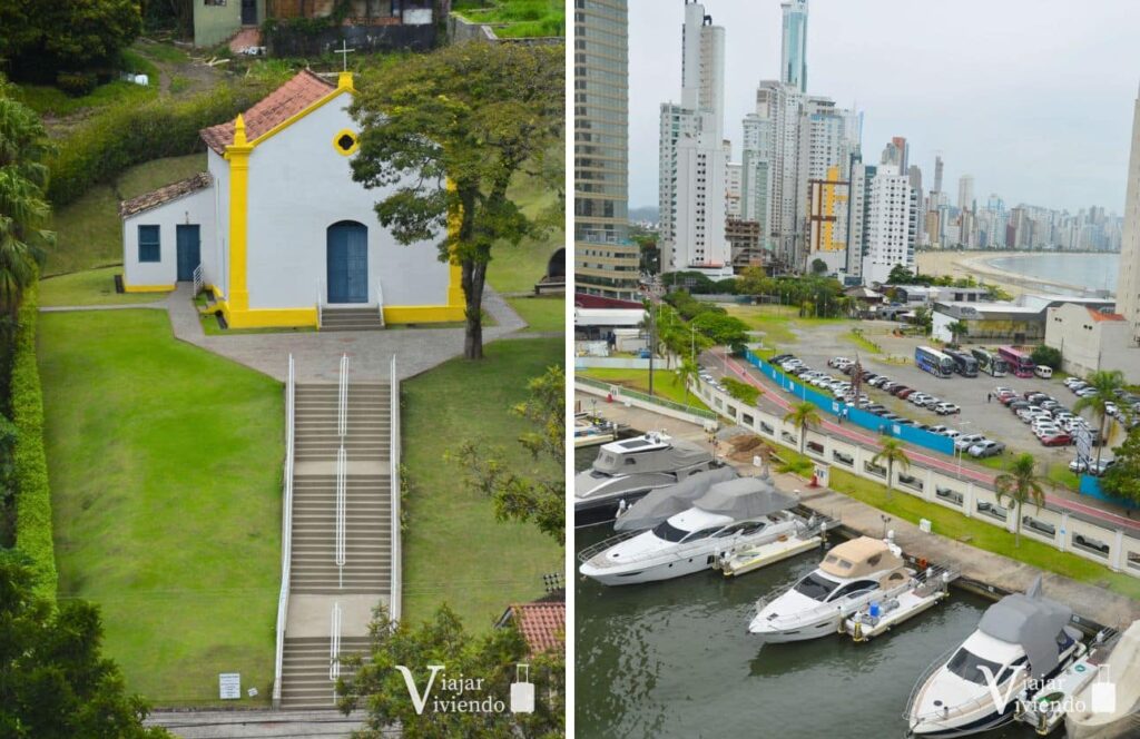 puerto deportivo sobre el rio camboriu y la capela santo amaro